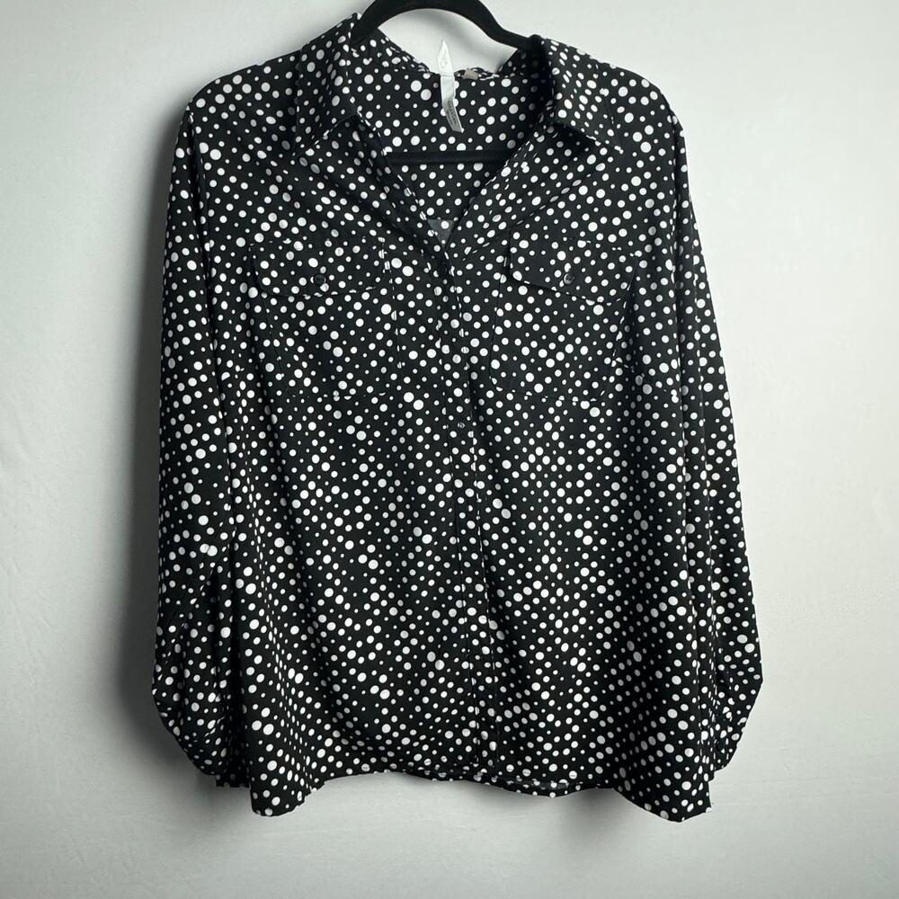 NY Collection Women Black White Polka Dot V-Neck Long Sleeve‎ Shirt X-Large Work